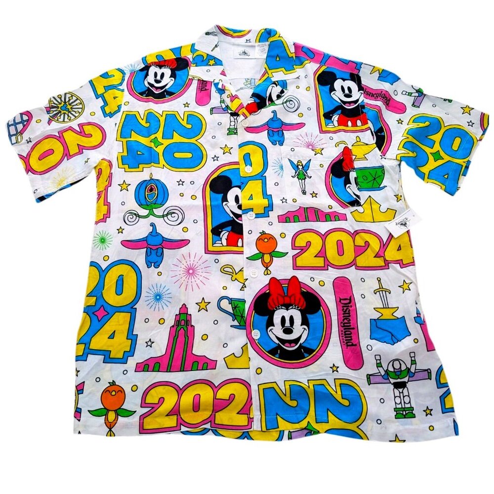 Disney Adult Shirt 2024 Disneyland Icons Button Down Neon White AOP shirt